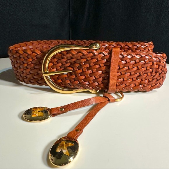 Michael Kors Braided Leather Belt with Gold Tone Branded Medallions -Wide/Cinch - Picture 1 of 8